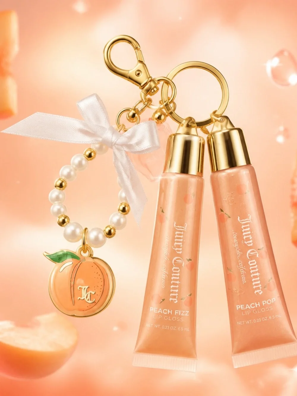 Juicy Couture Peach Lip Gloss Duo & Peach Keychain Gift Set New